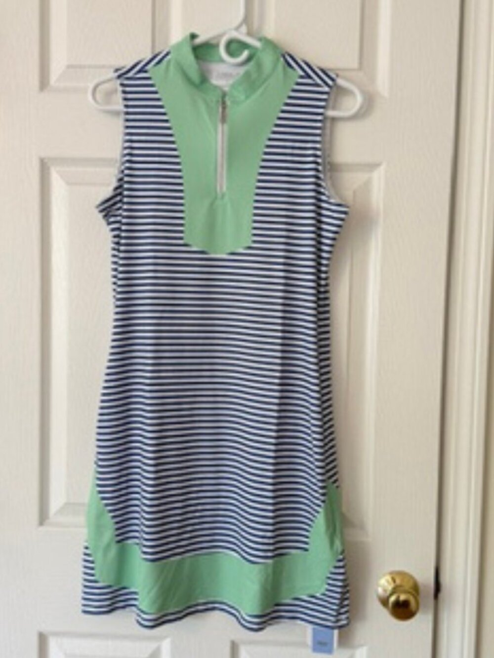 CEGOLFS Women's Golf Dress Small UPF Sun Protection Blue Stripe Green Trim Athle